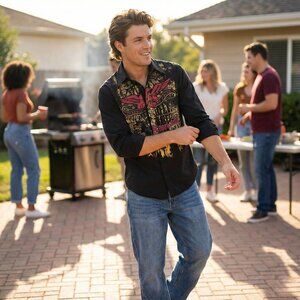 International Male Mens Medium Black Graphic Button Down Shirt Y2K Rocker Gothic